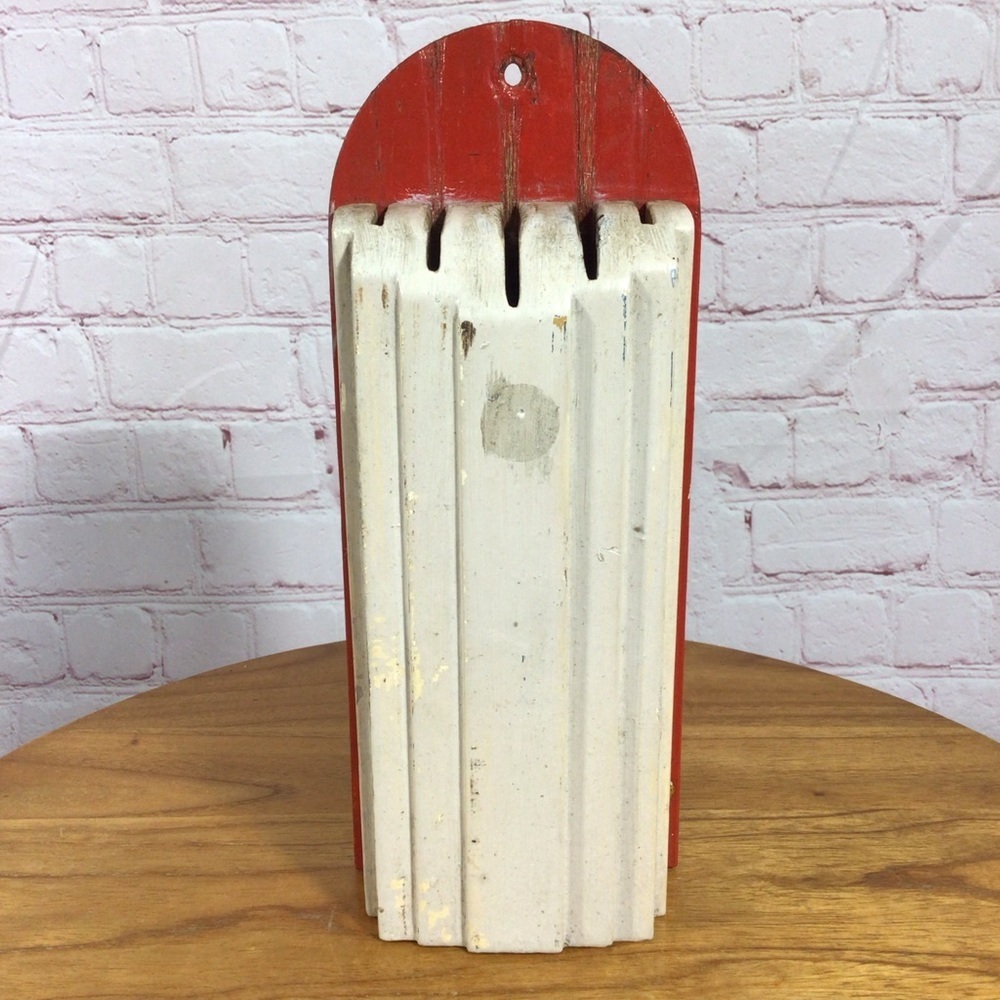 Vintage Nuway Red and White Art Deco Rustic Wooden Kitchen Knife Holder